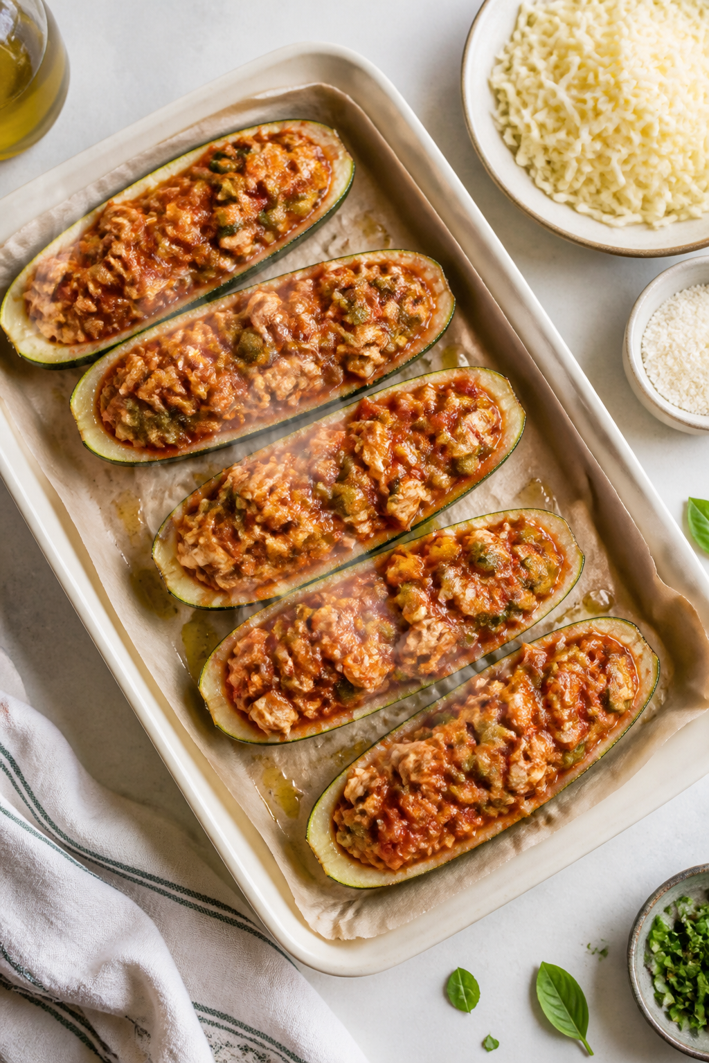 Cooking process: Overhead shot of a parchment-lined baking dish filled with pre-baked zucchini boats