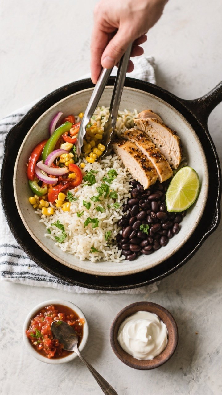Cooking process: Overhead shot of a skillet-to-bowl assembly moment for chicken burrito bowls—fluf