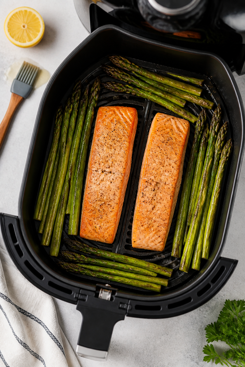 Cooking process: Overhead shot of an open air fryer basket at 400°F with two salmon fillets (skin-s