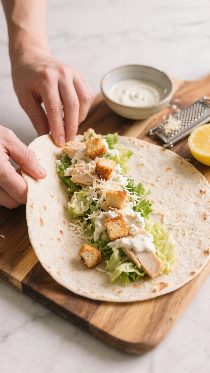 Cooking process: Overhead shot of assembly in progress—warm burrito-size tortilla on a wooden boar