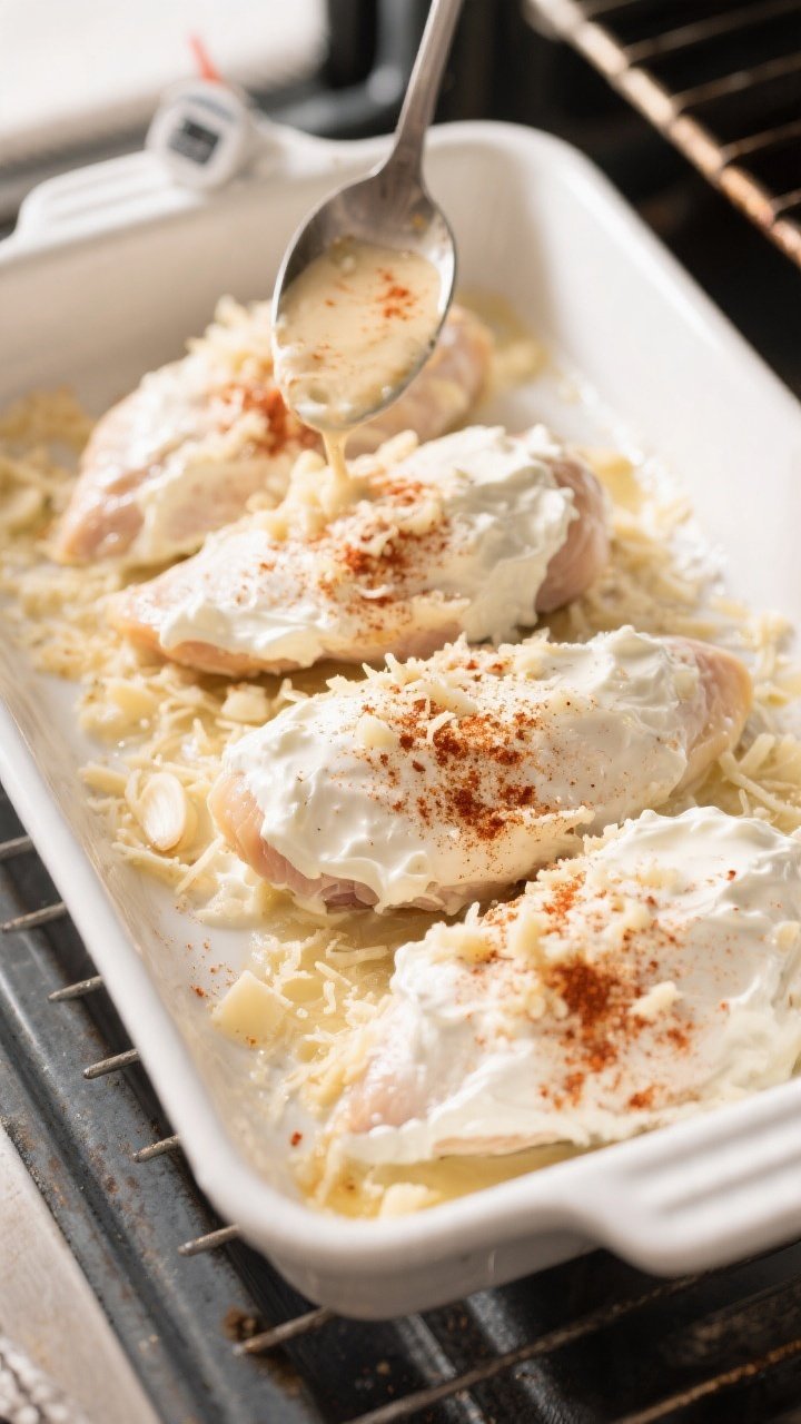 Cooking process: Overhead shot of coated chicken breasts arranged in a single layer in a 9x13 white 
