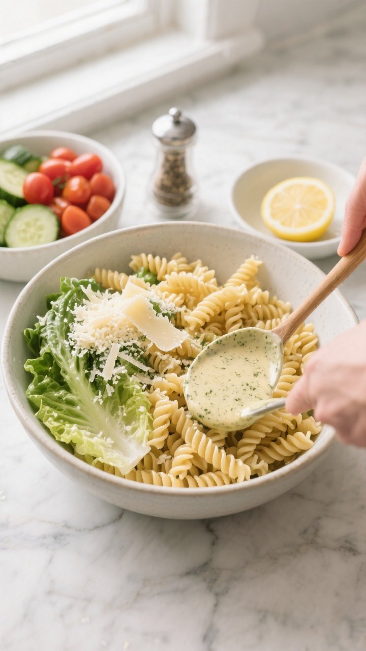 Cooking process: Overhead shot of cooled, al dente rotini in a large mixing bowl being folded with t