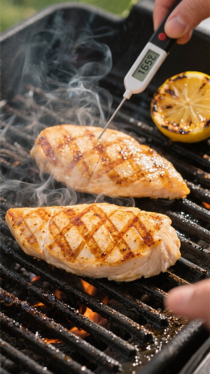 Cooking process: Overhead shot of evenly pounded chicken breasts searing on a hot grill at medium-hi