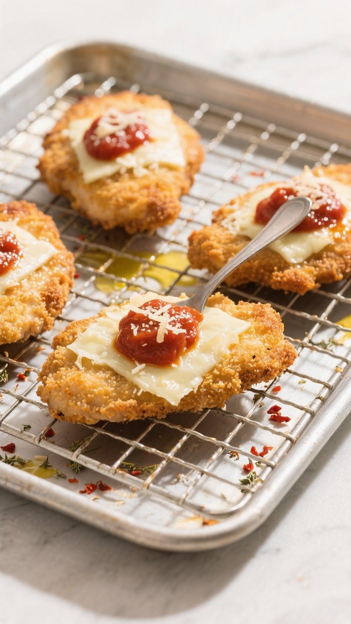 Cooking process: Overhead shot of four breaded chicken cutlets on a wire rack over a sheet pan after