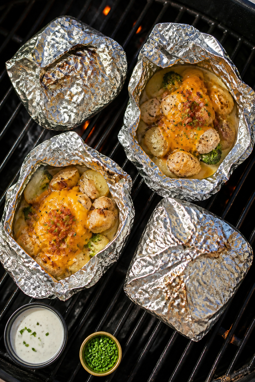 Cooking process: Overhead shot of four tightly crimped foil packets on a grill, two packets partiall