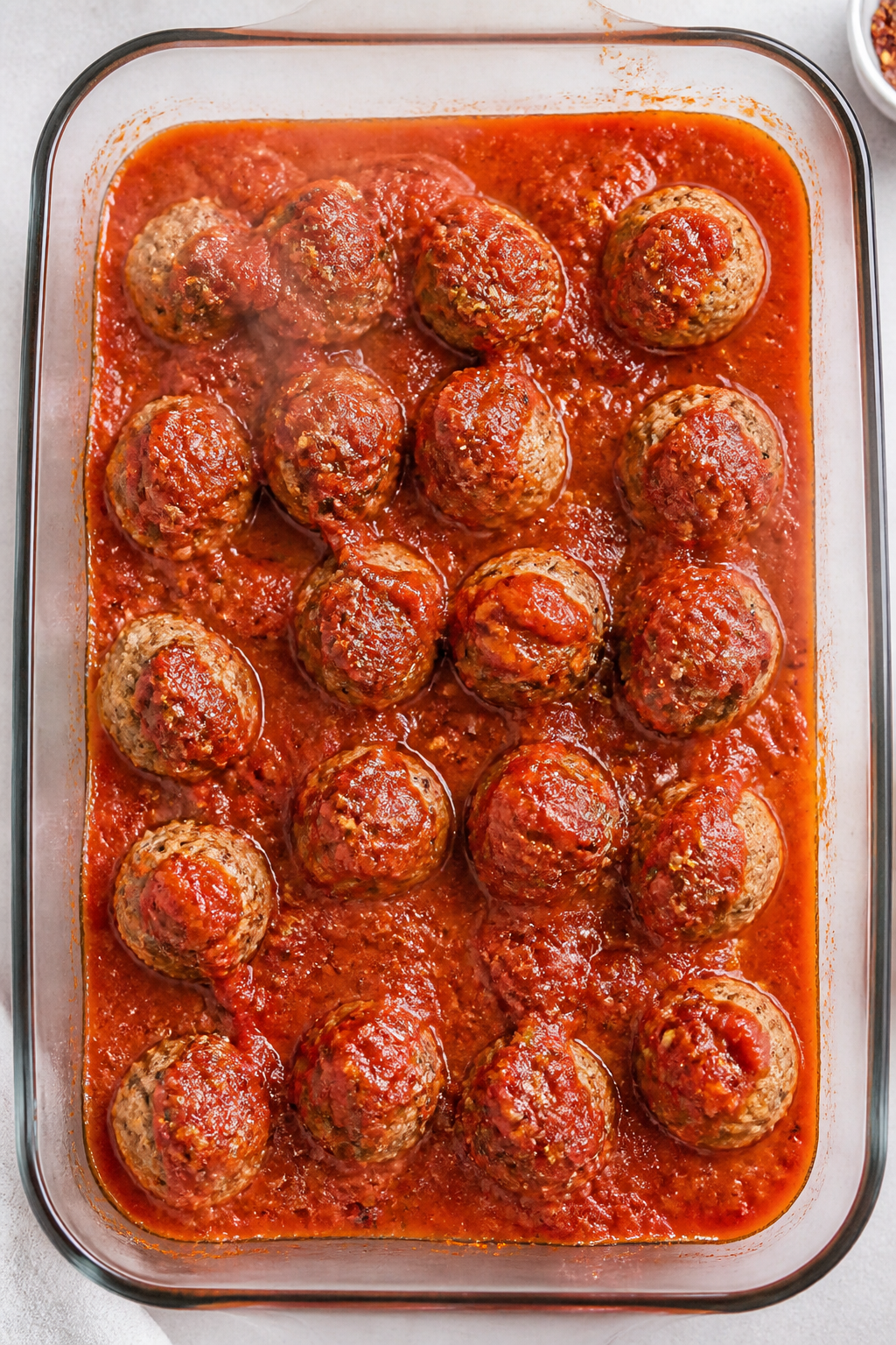 Cooking process: Overhead shot of par-baked meatballs nestled in a lightly oiled 9x13 baking dish as