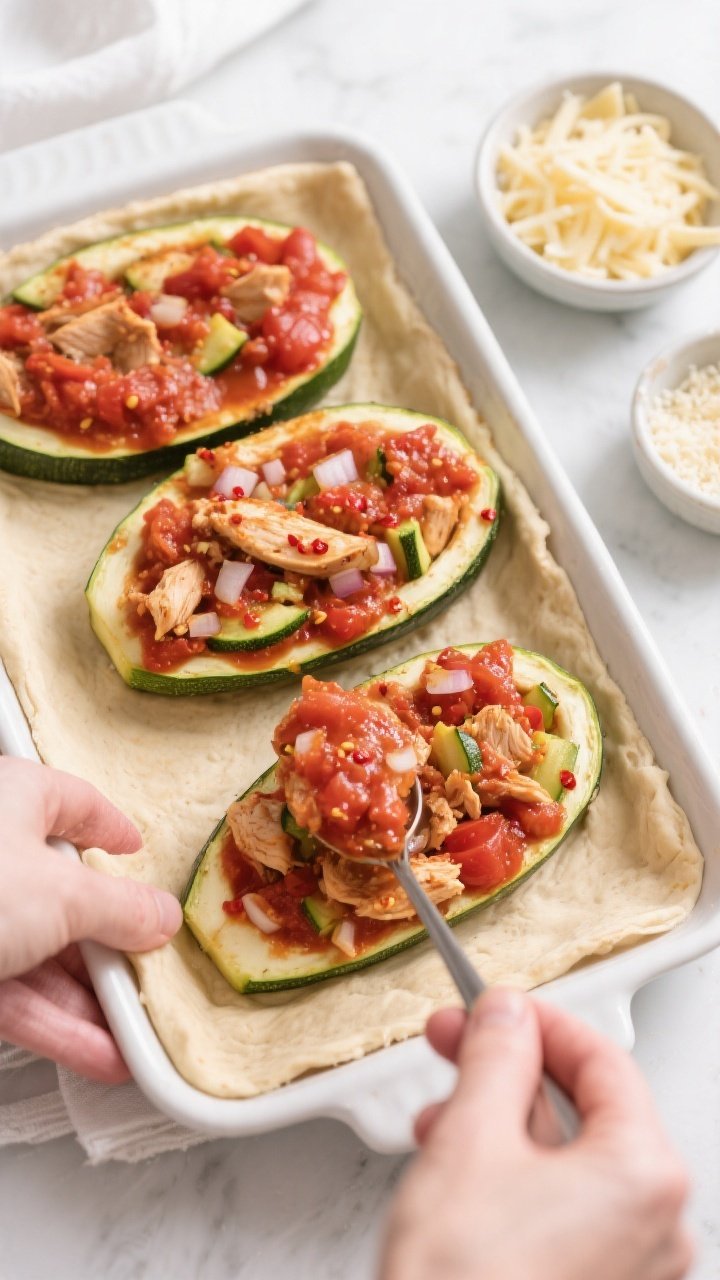 Cooking process: Overhead shot of par-baked zucchini halves in a 9x13 baking dish being filled with 