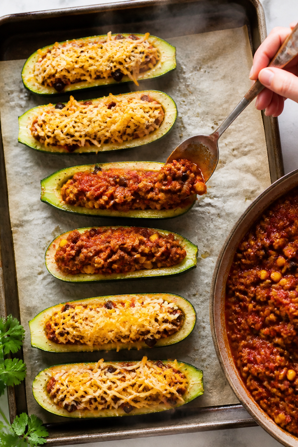Cooking process: Overhead shot of pre-roasted zucchini boats on a parchment-lined baking sheet being