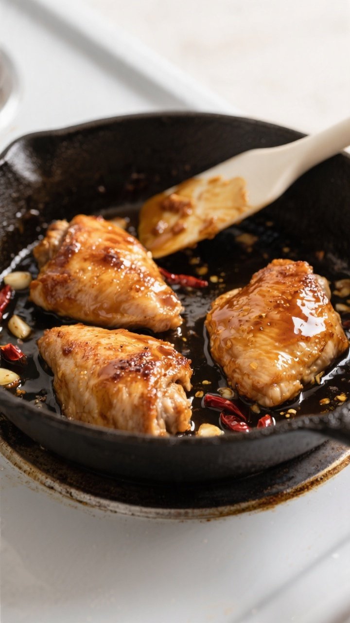 Cooking process: Overhead shot of seared chicken thighs being coated in the thickened honey–soy–