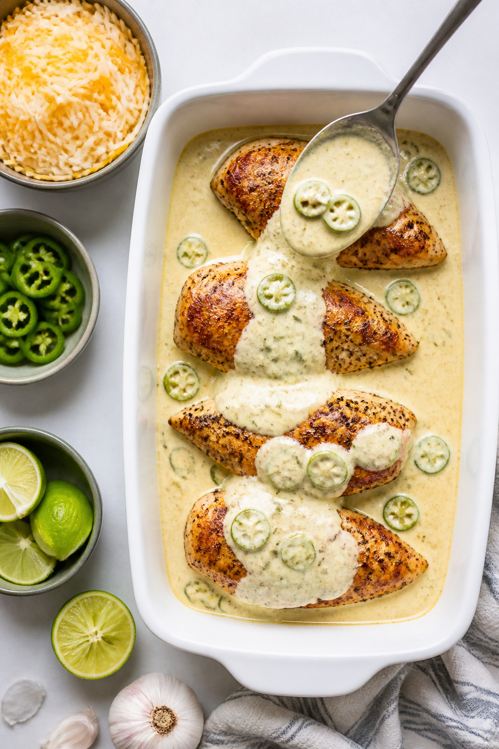 Cooking process: Overhead shot of seared, seasoned chicken breasts nestled in a 9x13 white baking di