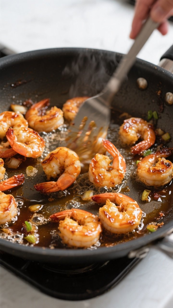 Cooking process: Overhead shot of shrimp being tossed in a hot nonstick skillet with the sauce bubbl