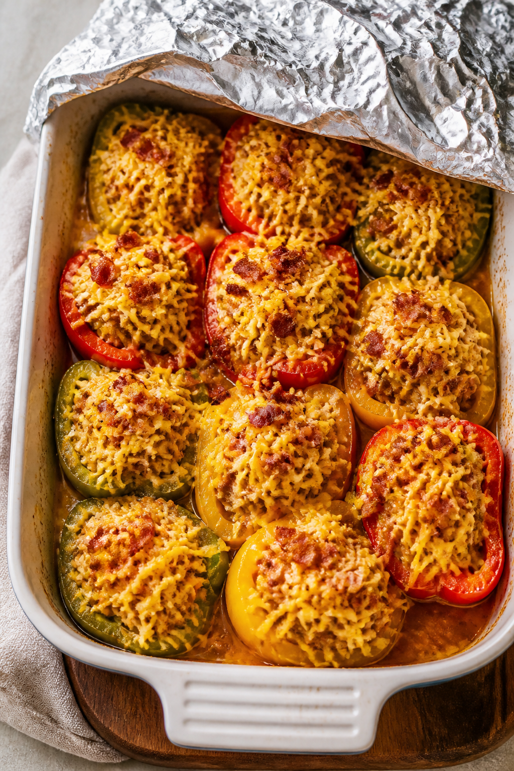 Cooking process: Overhead shot of stuffed pepper halves arranged snugly in a 9x13 baking dish with a