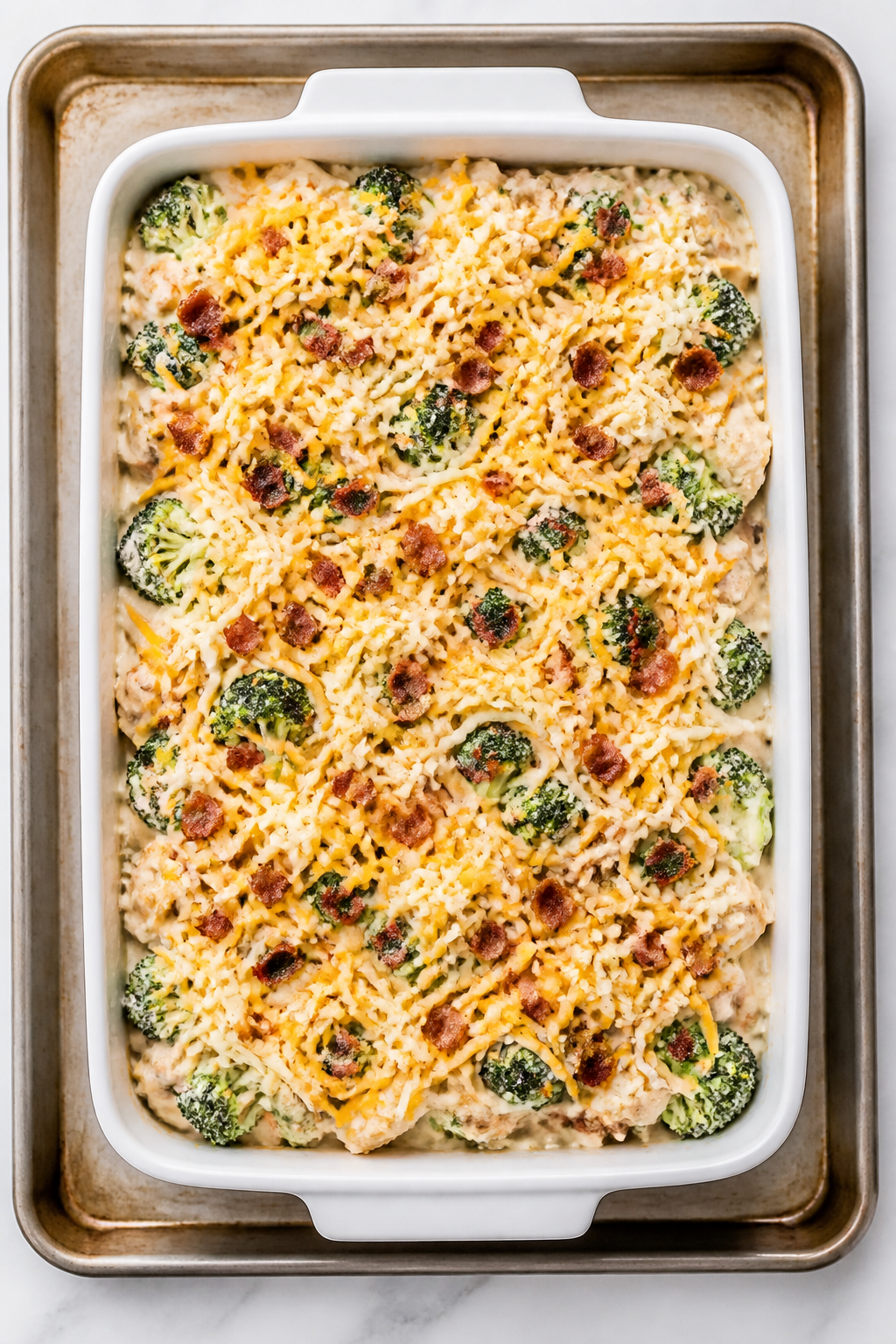 Cooking process: Overhead shot of the assembled bake before going into the oven, showing evenly coat