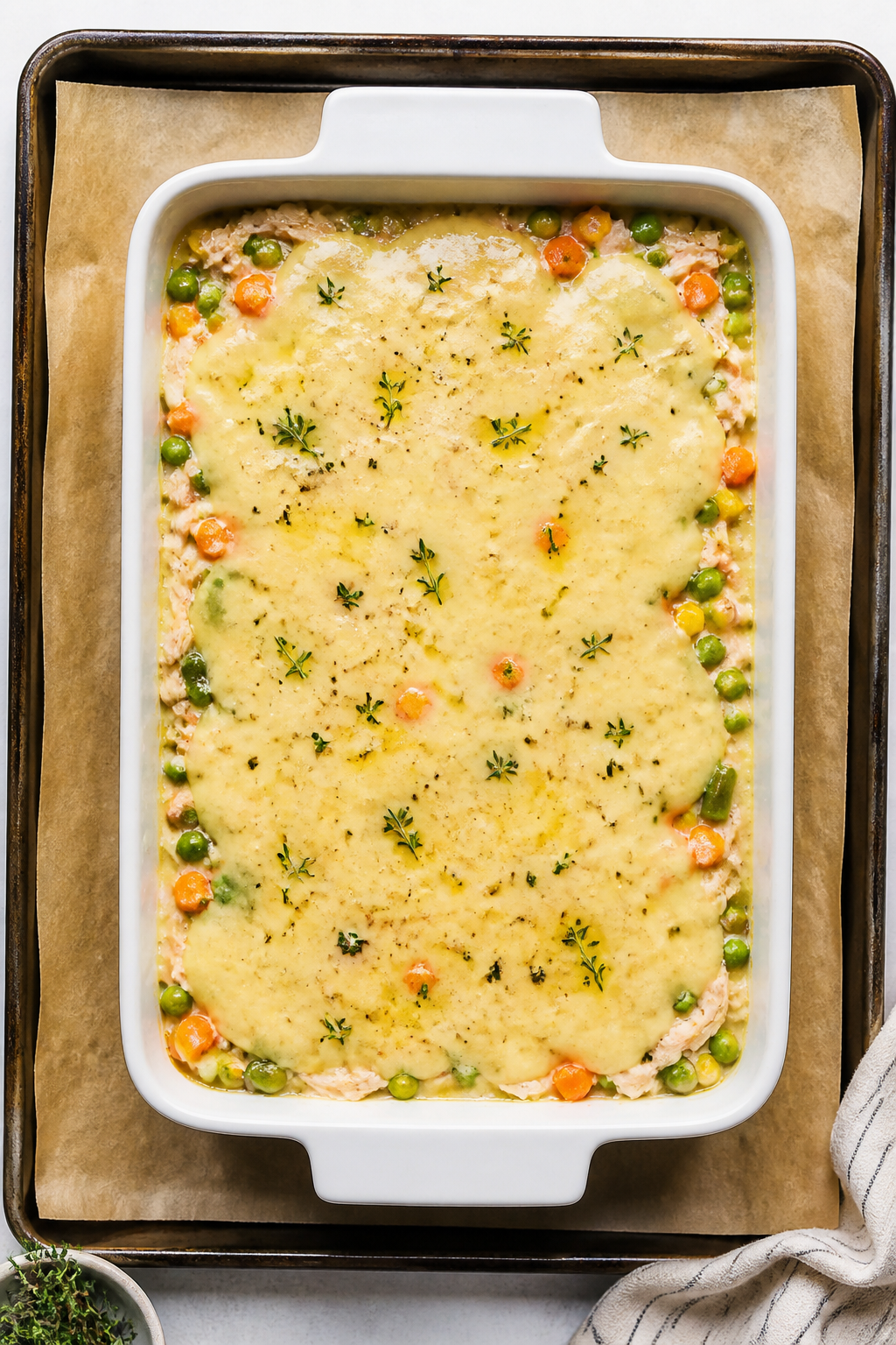 Cooking process: Overhead shot of the assembled casserole right before baking—an even layer of fro