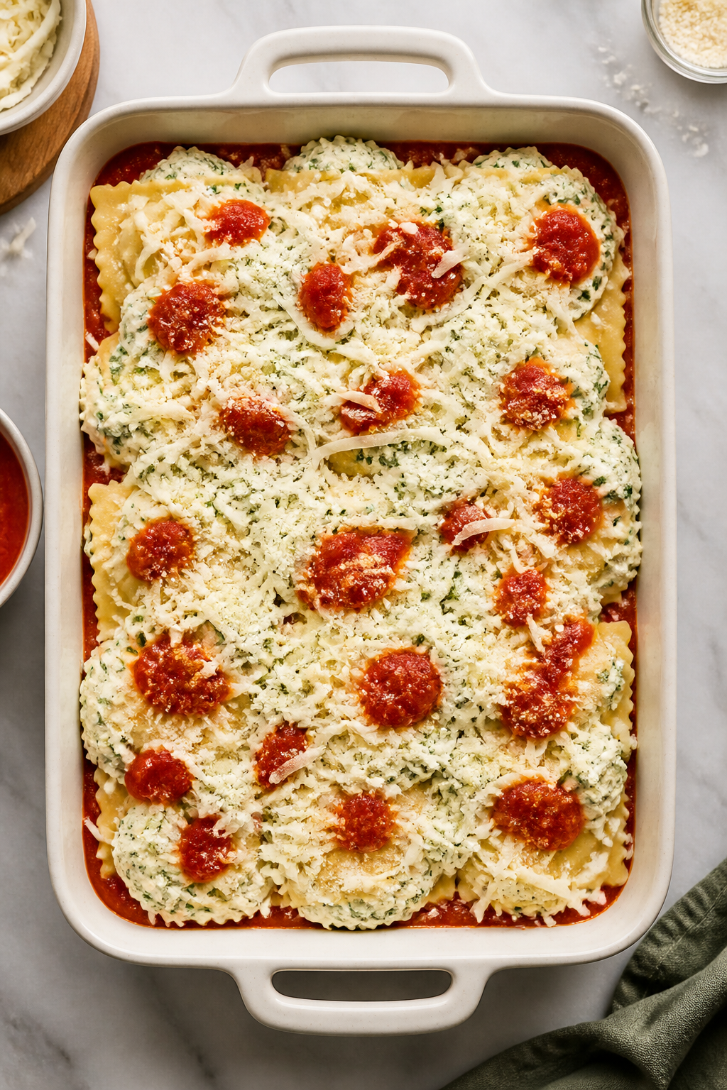 Cooking process: Overhead shot of the assembled layers right before baking—an even layer of frozen