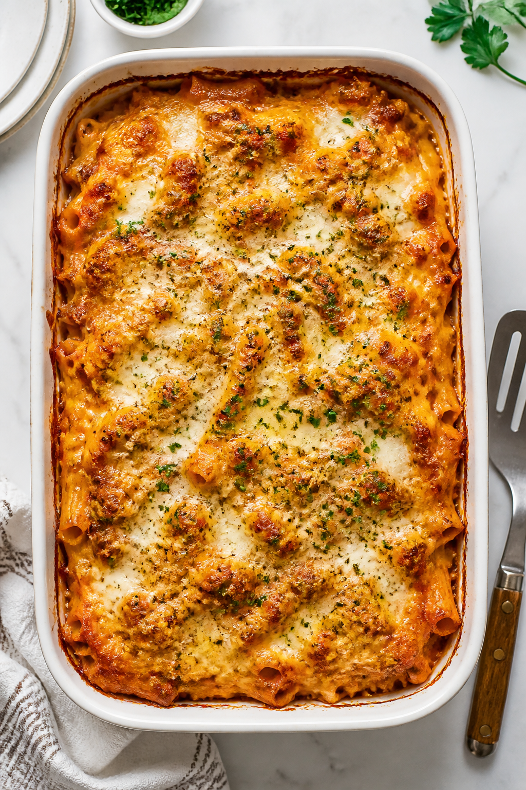 Cooking process: Overhead shot of the casserole in a 9x13 baking dish fresh from the oven—golden, 