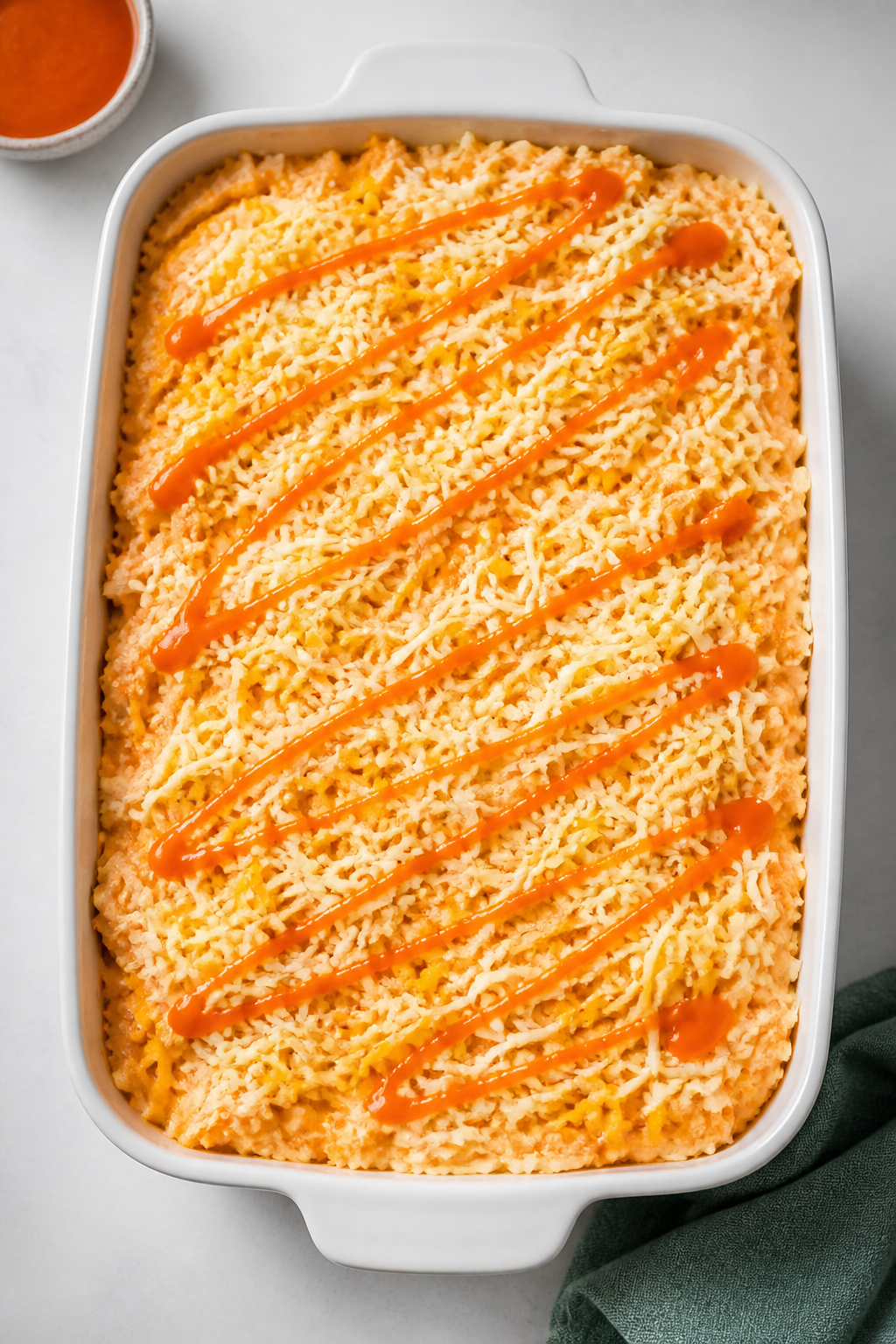 Cooking process: Overhead shot of the casserole mixture being spread evenly in a 9x13 baking dish—