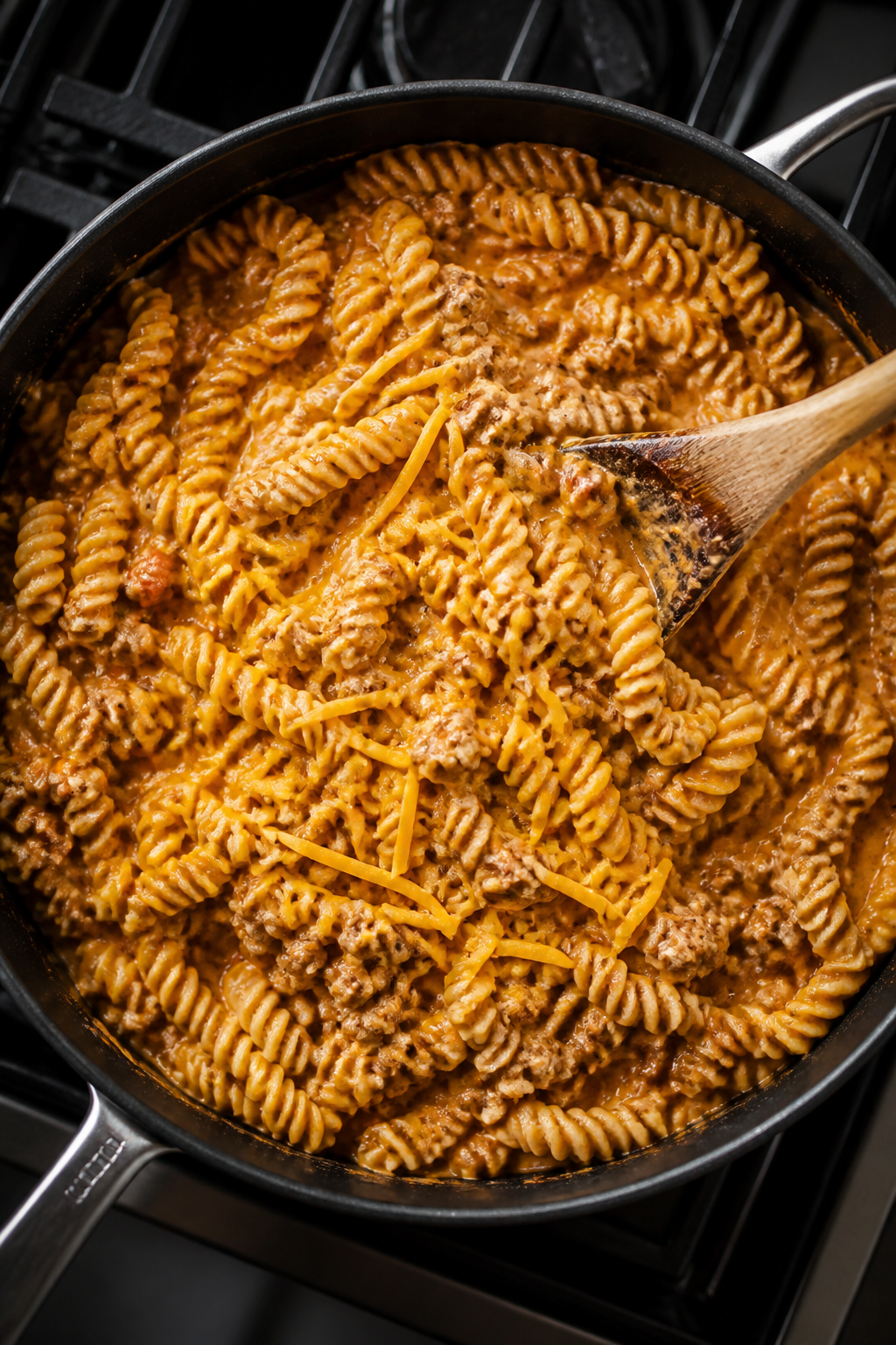 Cooking process: Overhead shot of the creamy beef-and-pasta mixture being folded together in a large