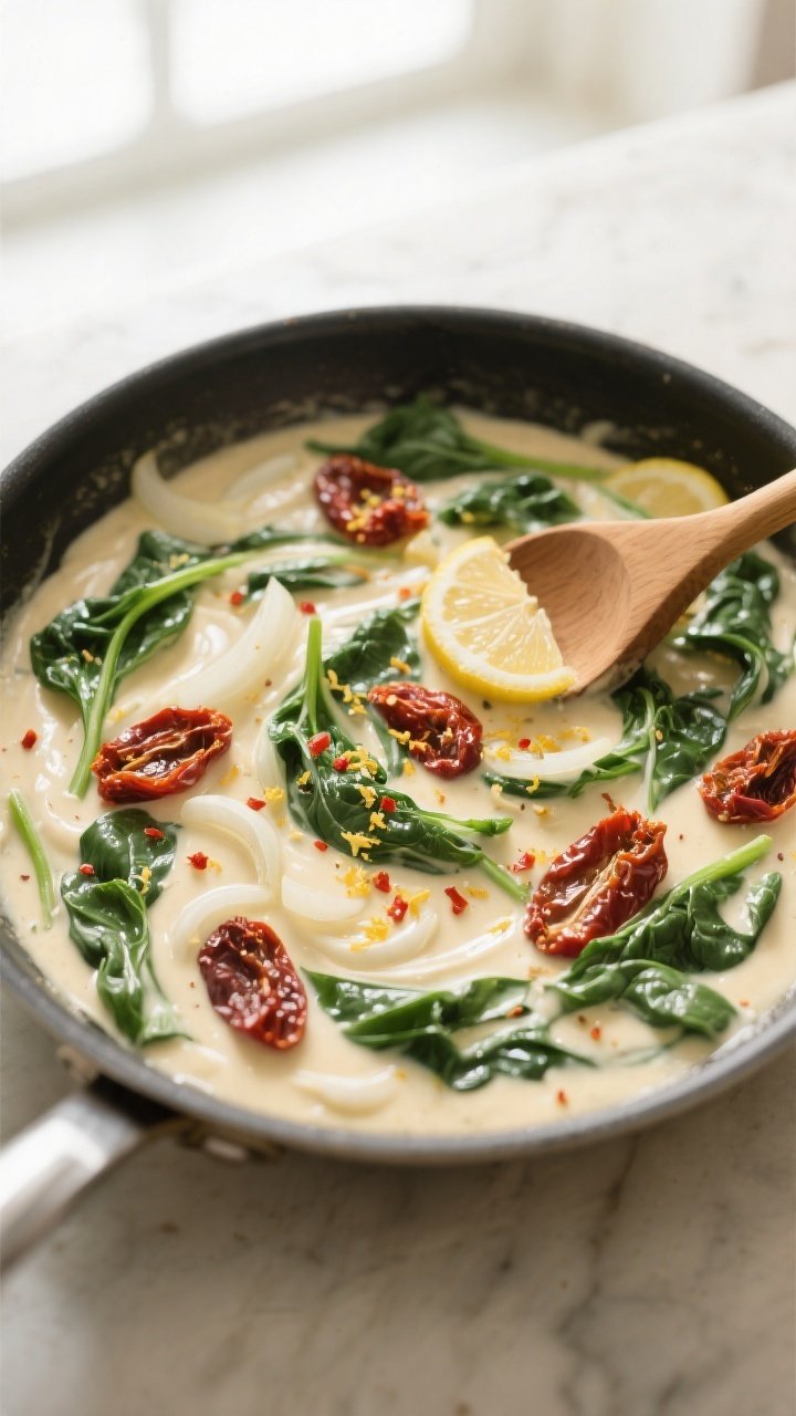 Cooking process: Overhead shot of the creamy Tuscan spinach and sun-dried tomato sauce mid-simmer in