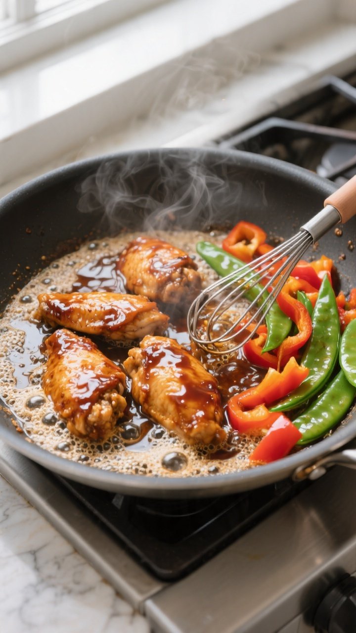 Cooking process: Overhead shot of the glaze-building step in a wide skillet—sauce bubbling as the