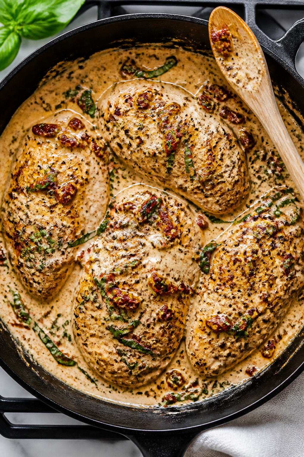 Cooking process: Overhead shot of the one-pan skillet right after returning the chicken to the sauce