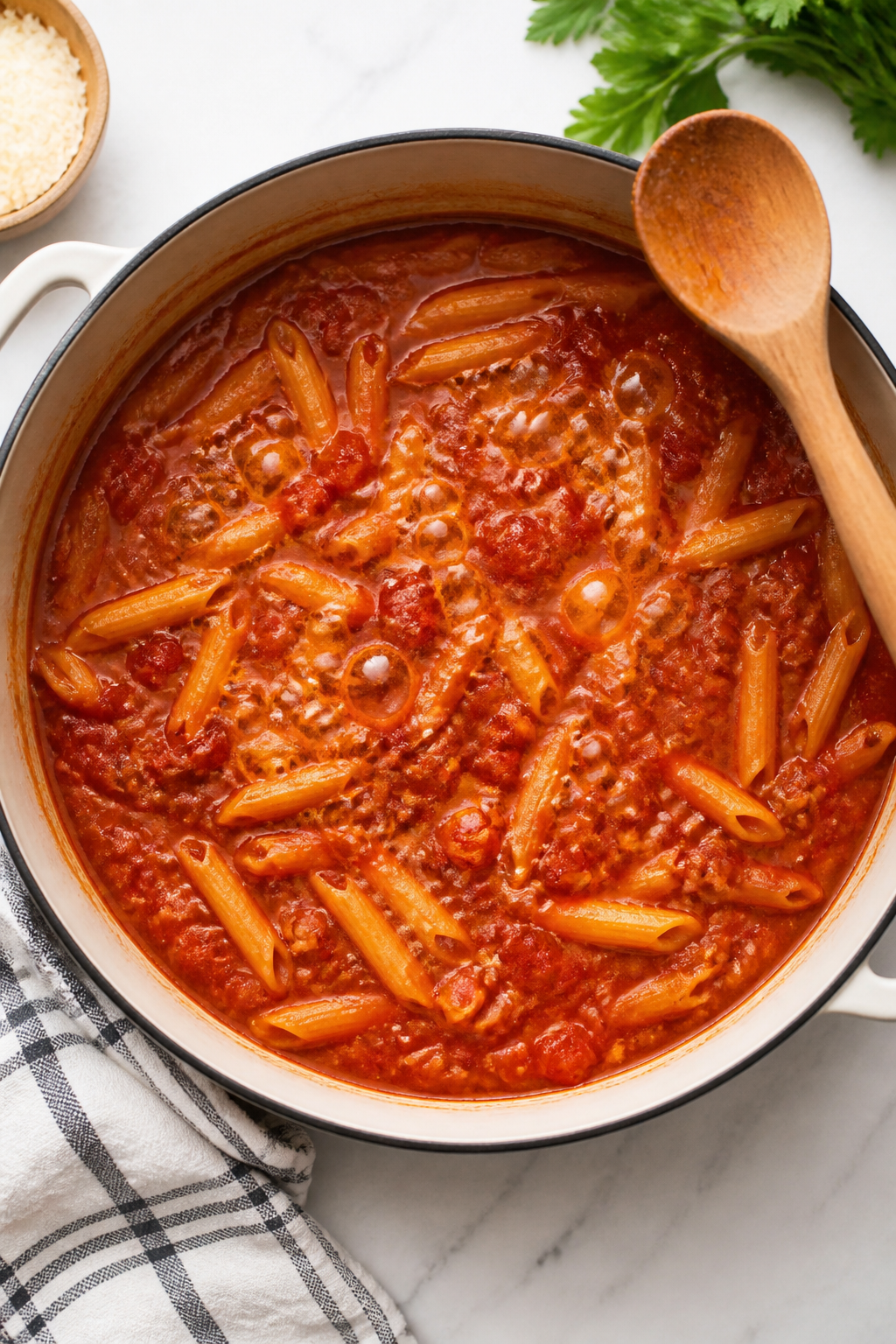 Cooking process: Overhead shot of the one-pot stage where pasta cooks directly in crushed tomatoes a