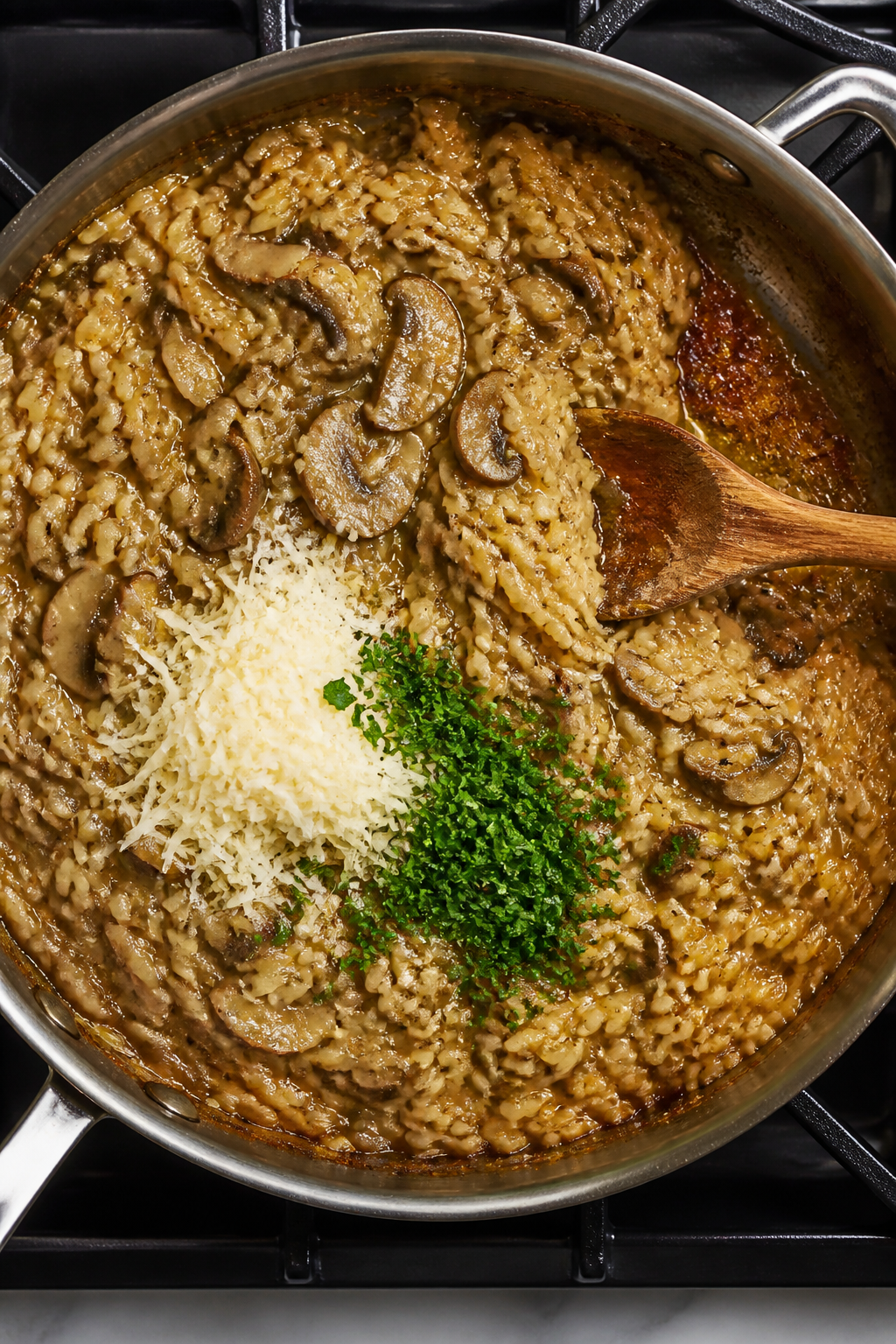 Cooking process: Overhead shot of the one-skillet simmer stage just before finishing—rice tender a