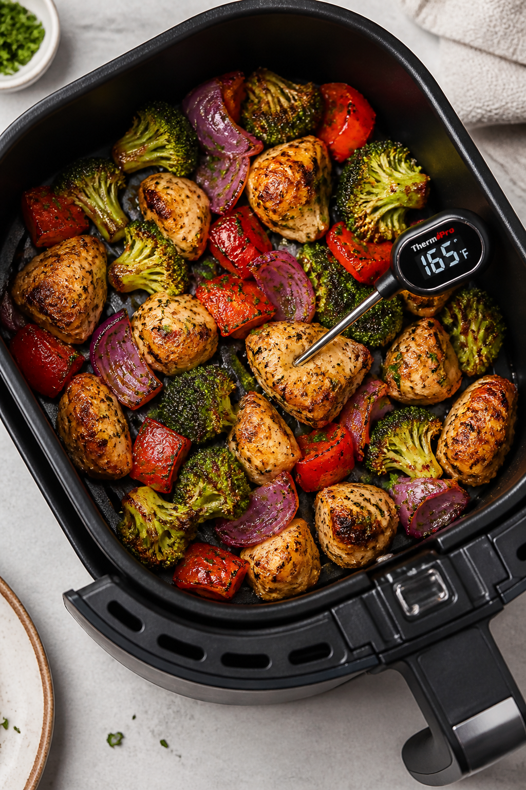 Cooking process: Overhead shot of the open air fryer basket mid-cook, showing a single, even layer o