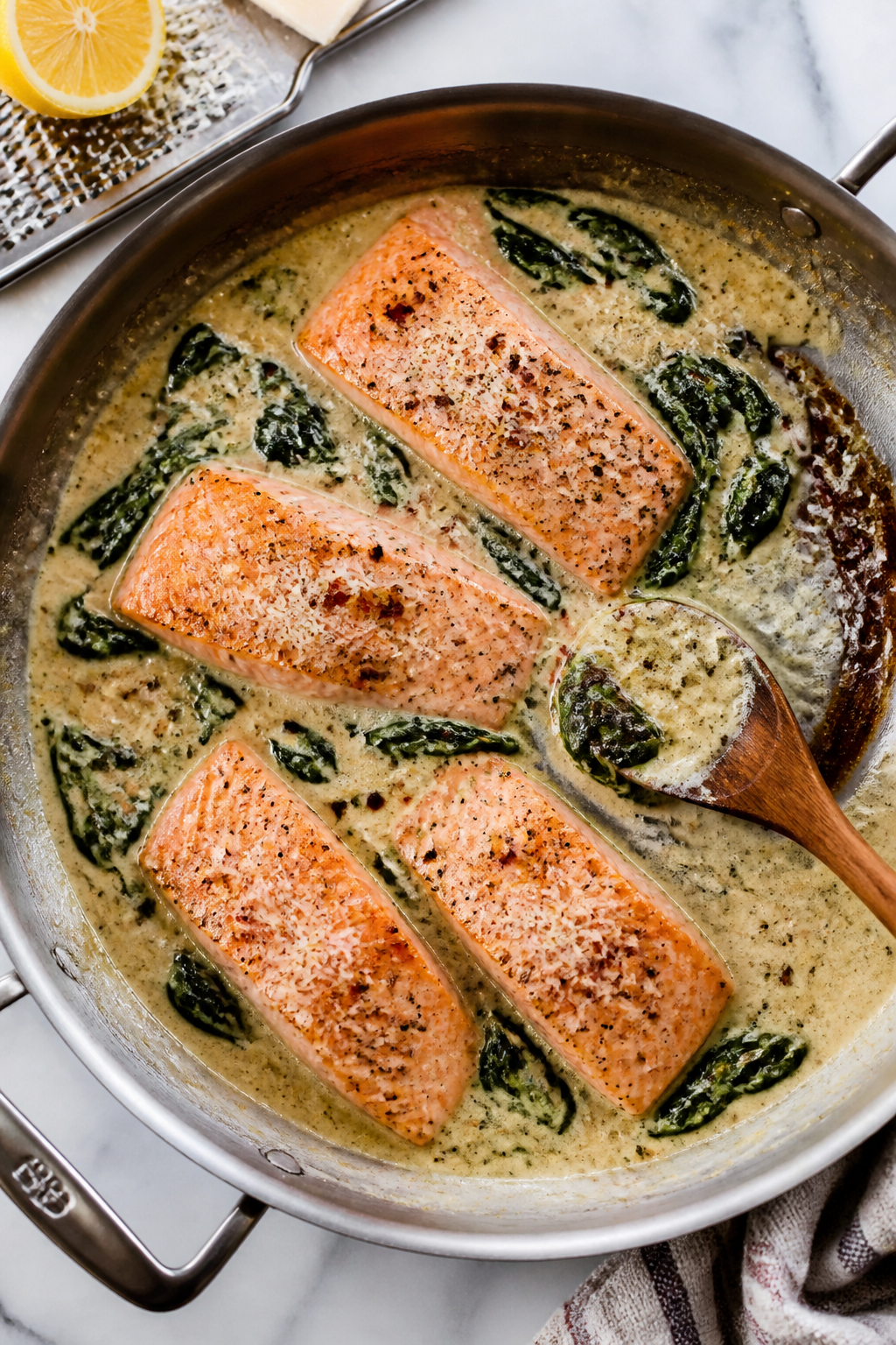 Cooking process: Overhead shot of the salmon skillet mid-finish on low simmer—salmon fillets re-ne