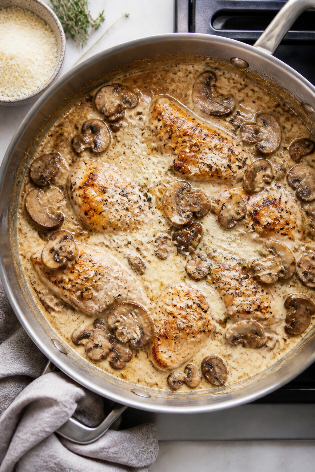 Cooking process: Overhead shot of the sauce-building stage in a wide stainless skillet—mushrooms f