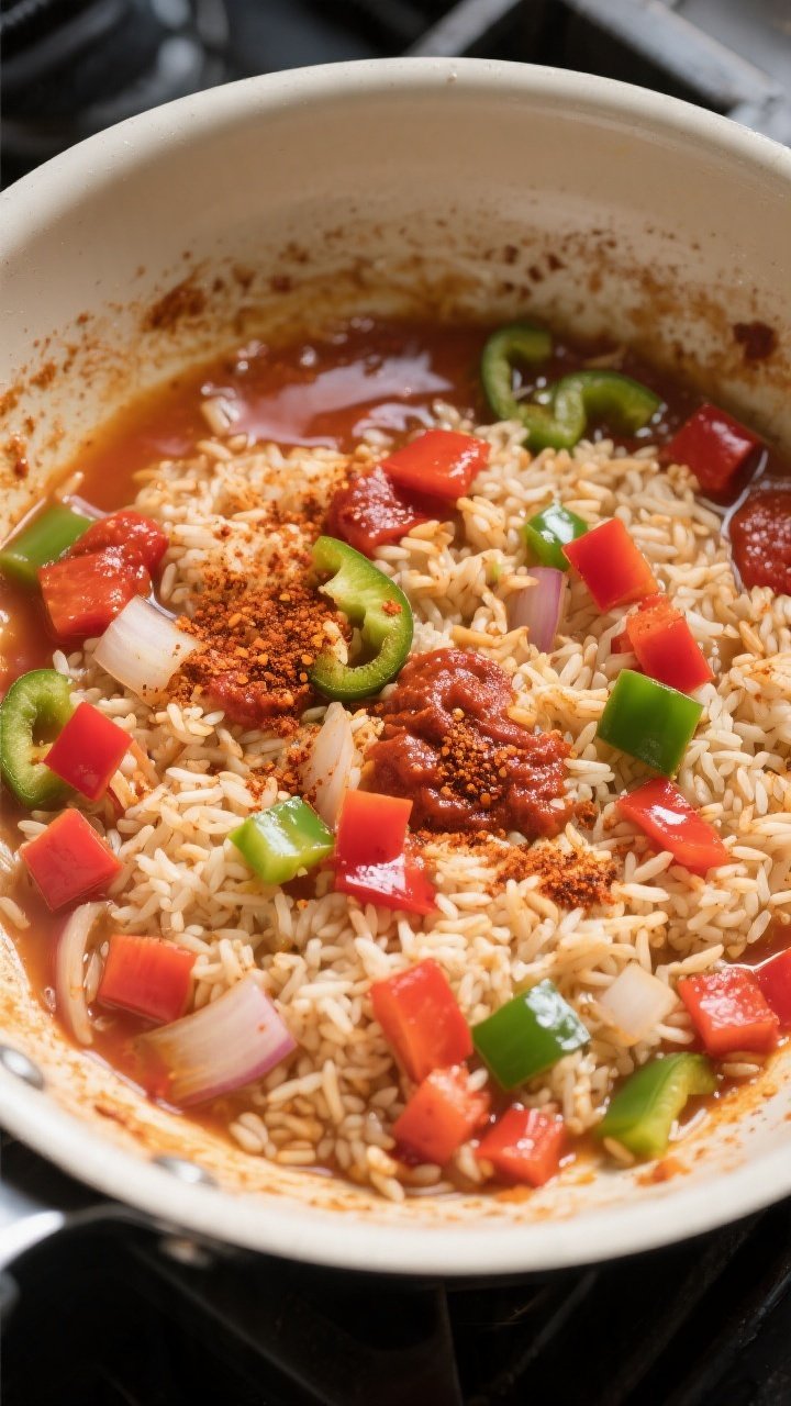 Cooking process: Overhead shot of the simmering rice stage in a wide skillet after toasting, showing