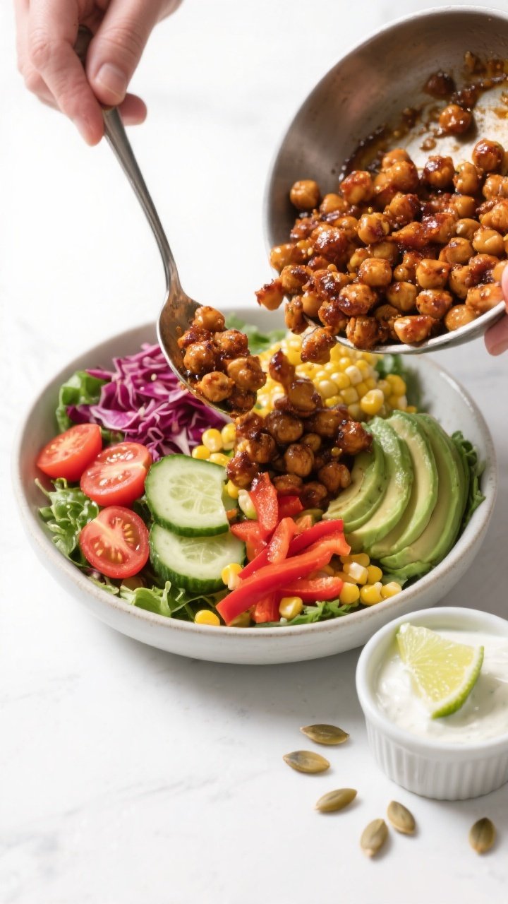 Cooking process: Overhead shot of warm BBQ chickpeas being spooned onto a composed salad base in a w