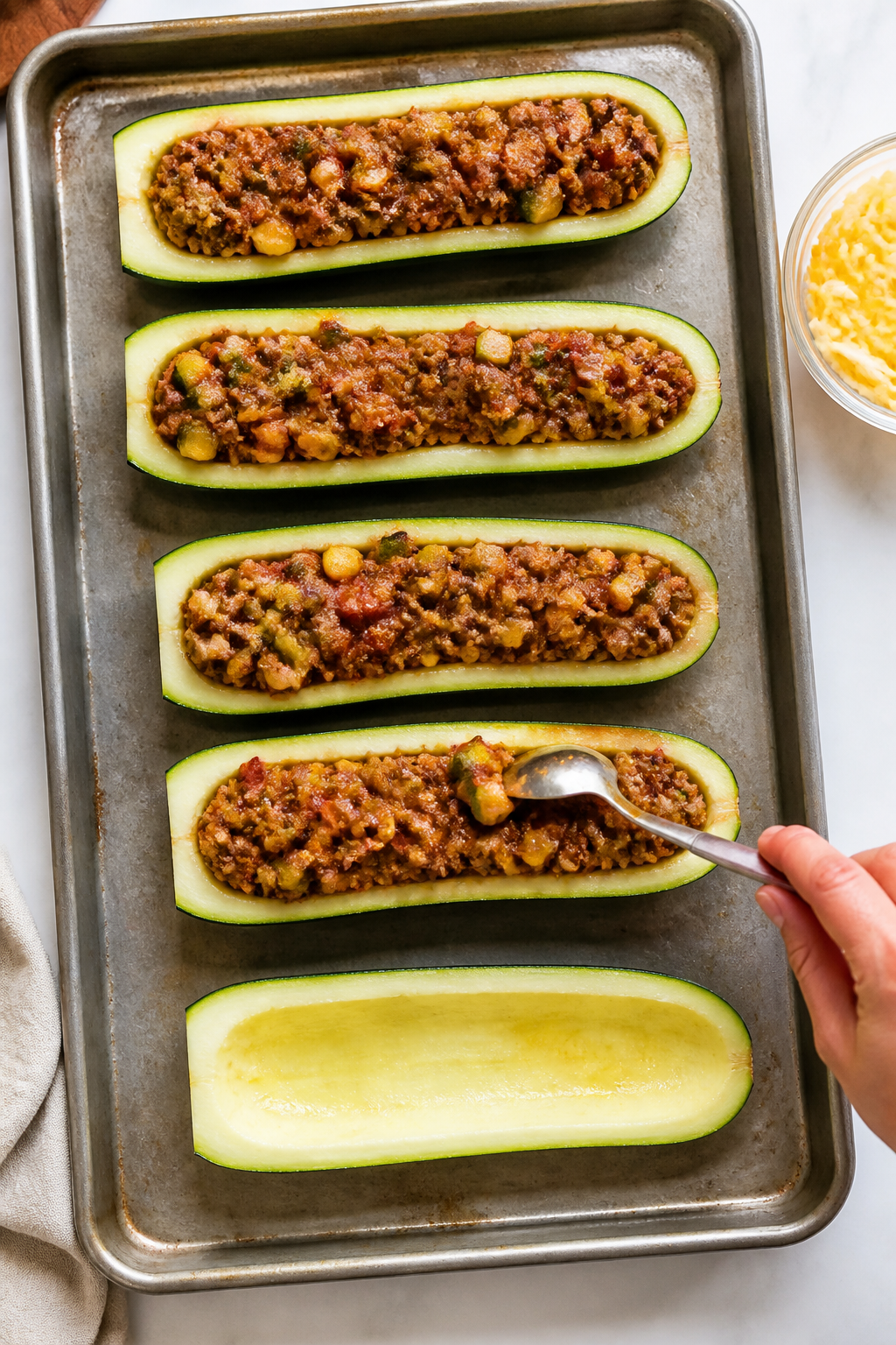 Cooking process: Overhead shot of zucchini boats being filled on a lightly oiled baking dish—spoon