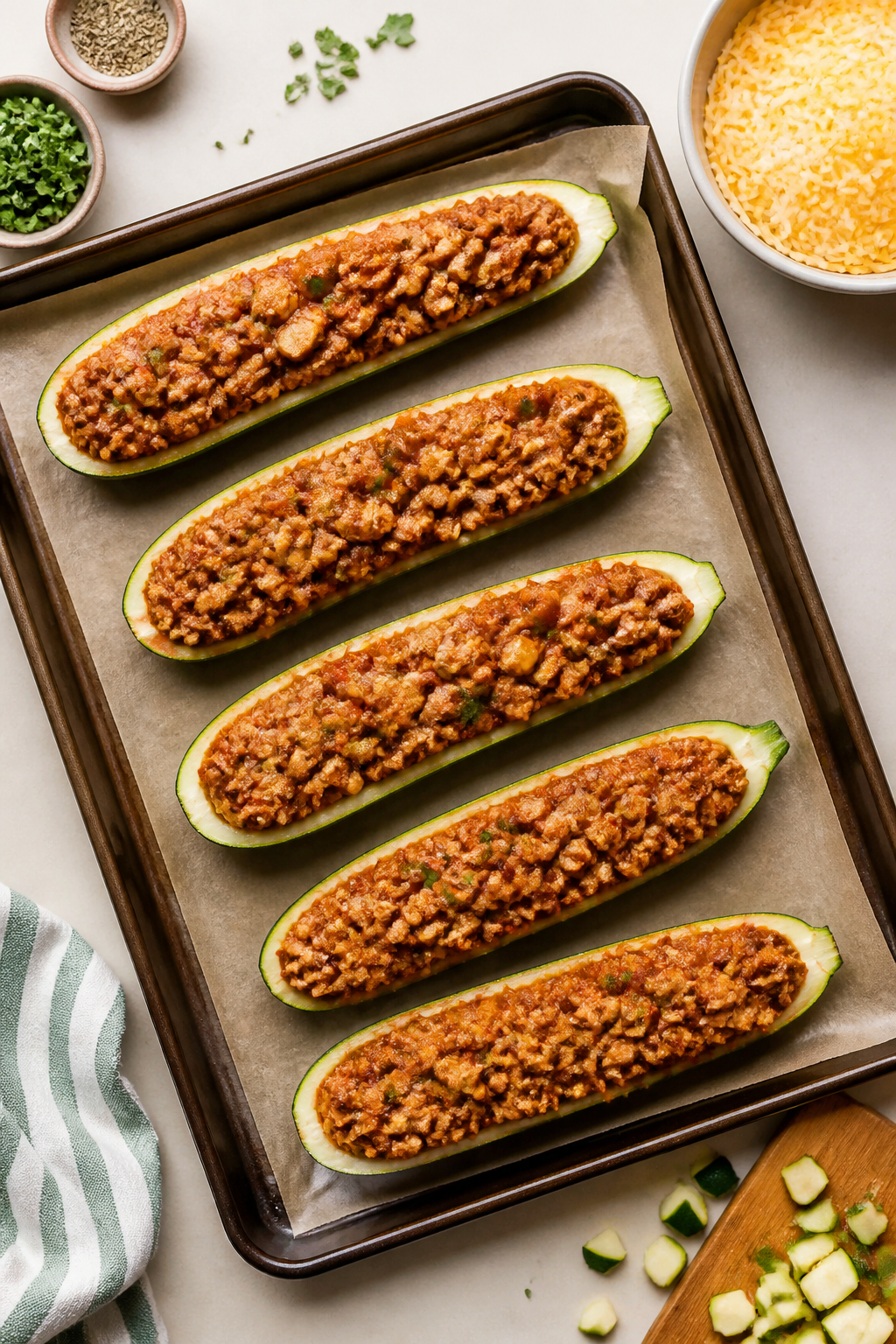 Cooking process: Overhead shot of zucchini boats on a parchment-lined sheet pan being generously fil