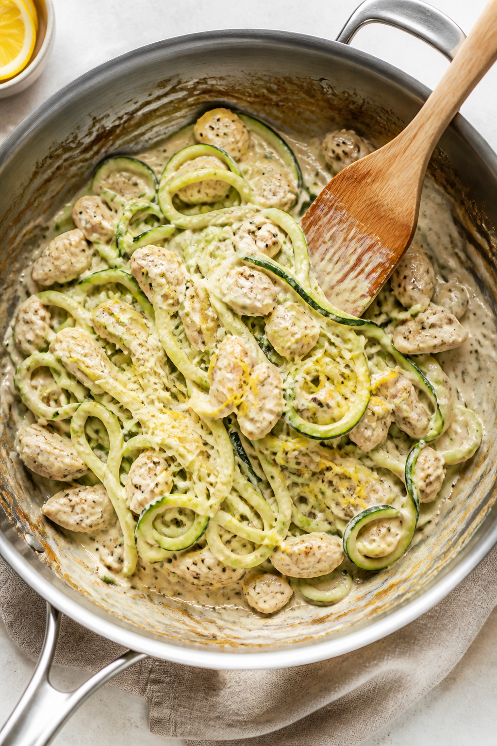 Cooking process: Overhead shot of zucchini noodles just folded into the creamy Alfredo-chicken mixtu