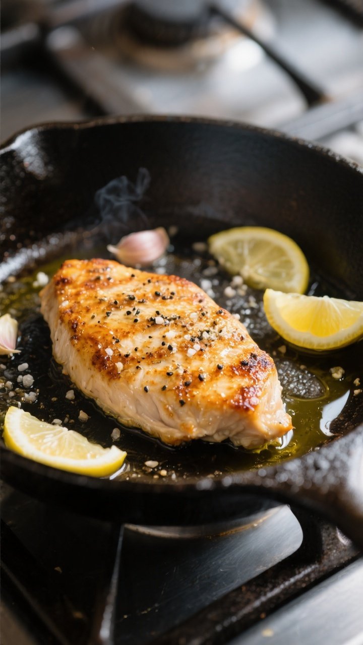 Cooking process: Pan-seared chicken for Greek Yogurt Caesar Salad sizzling in a cast-iron skillet, g