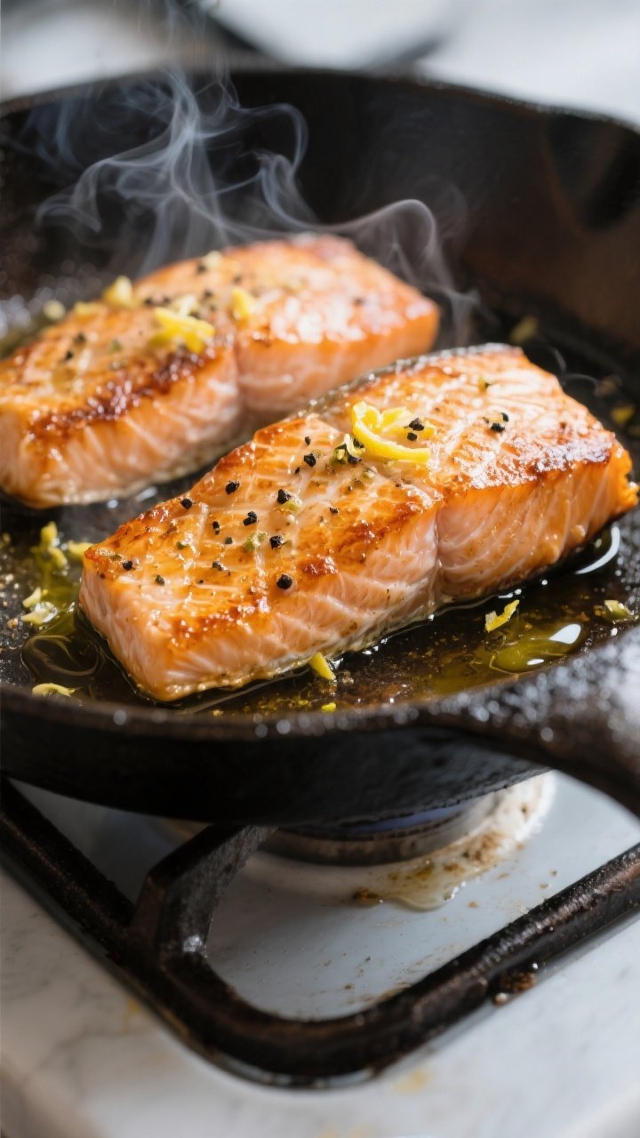 Cooking process — Pan-seared salmon: Close-up of golden, crispy skin-on salmon fillets just after 
