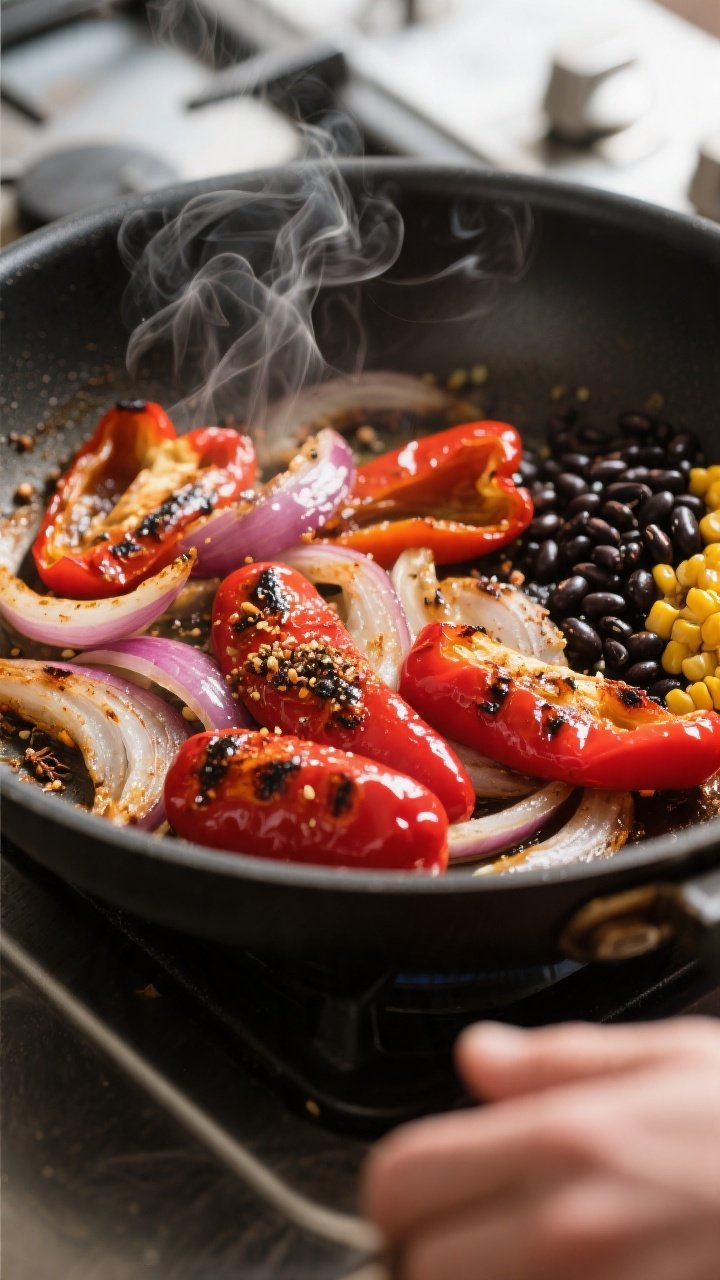 Cooking process: Peppers and red onions being seared in a large skillet, strands of steam rising, ed
