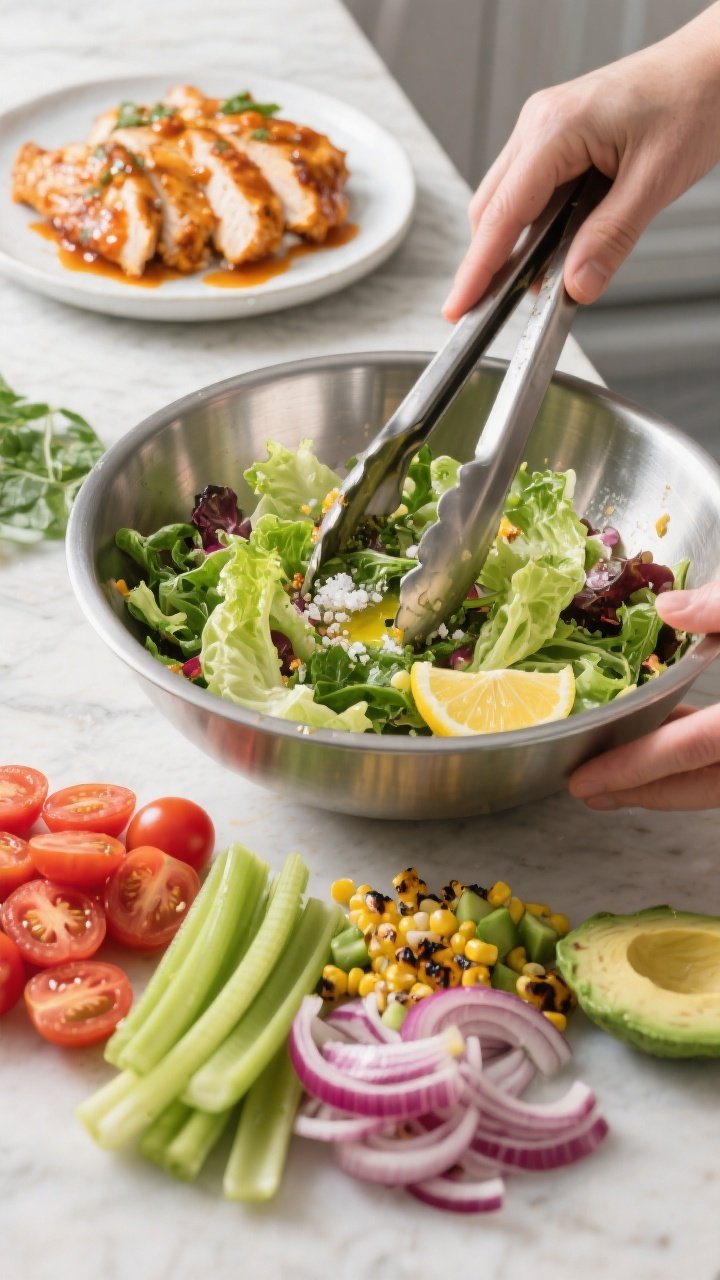Cooking process: Romaine and mixed greens in a wide stainless bowl being lightly dressed with olive