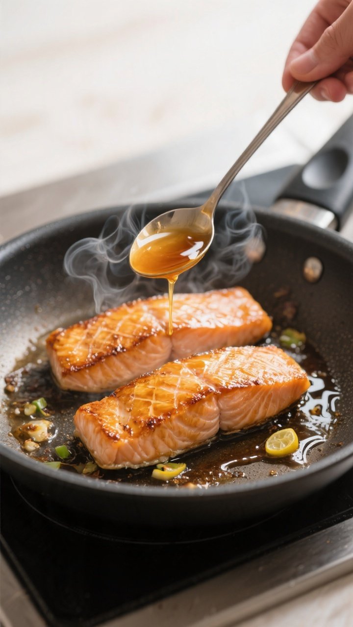 Cooking process: Salmon fillets in a nonstick skillet mid-baste on medium heat, a spoon drizzling th