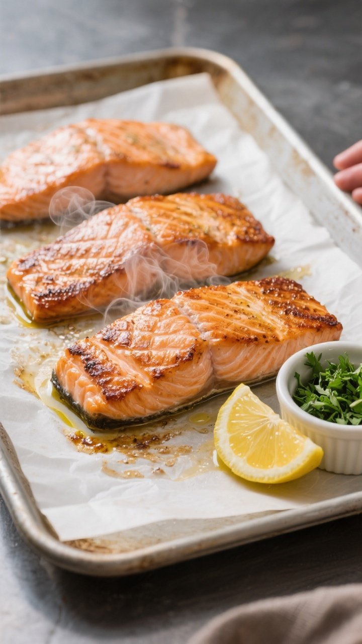 Cooking process: Salmon fillets on a parchment-lined sheet pan just out of the oven at 425°F, toppi