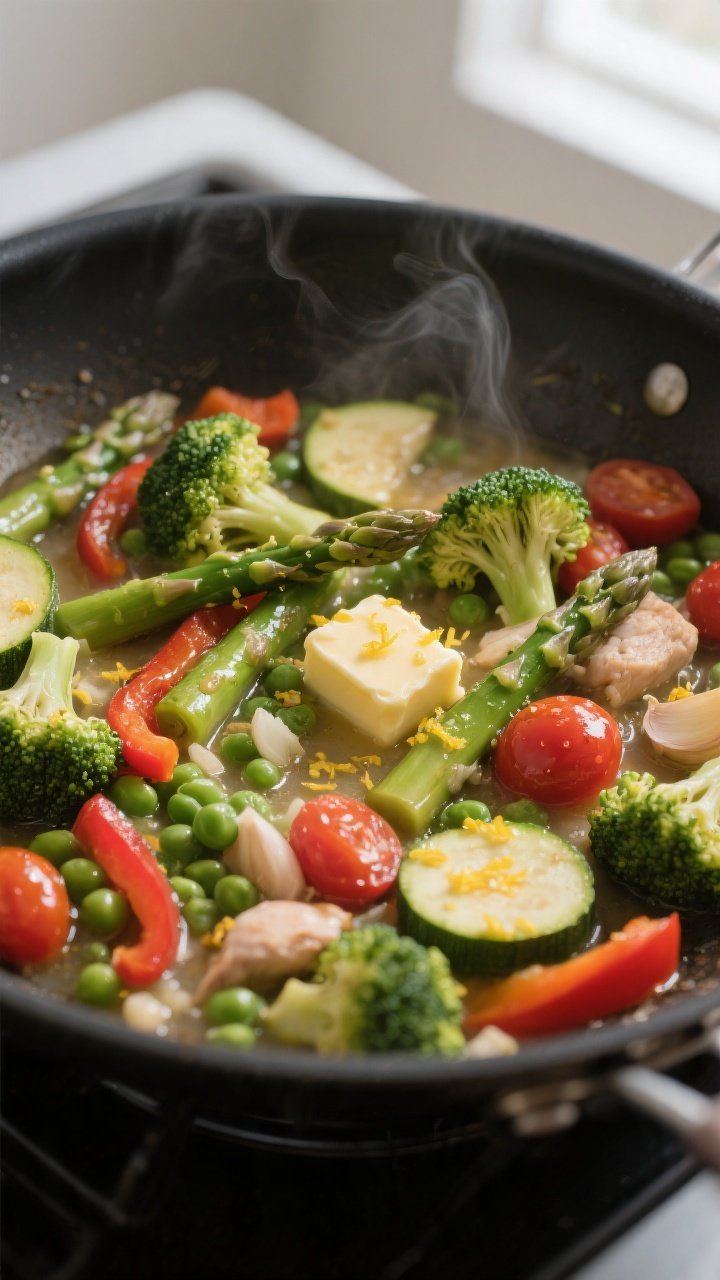 Cooking process — sauté stage: Close-up of vibrant, cooked vegetables in a large skillet as the s