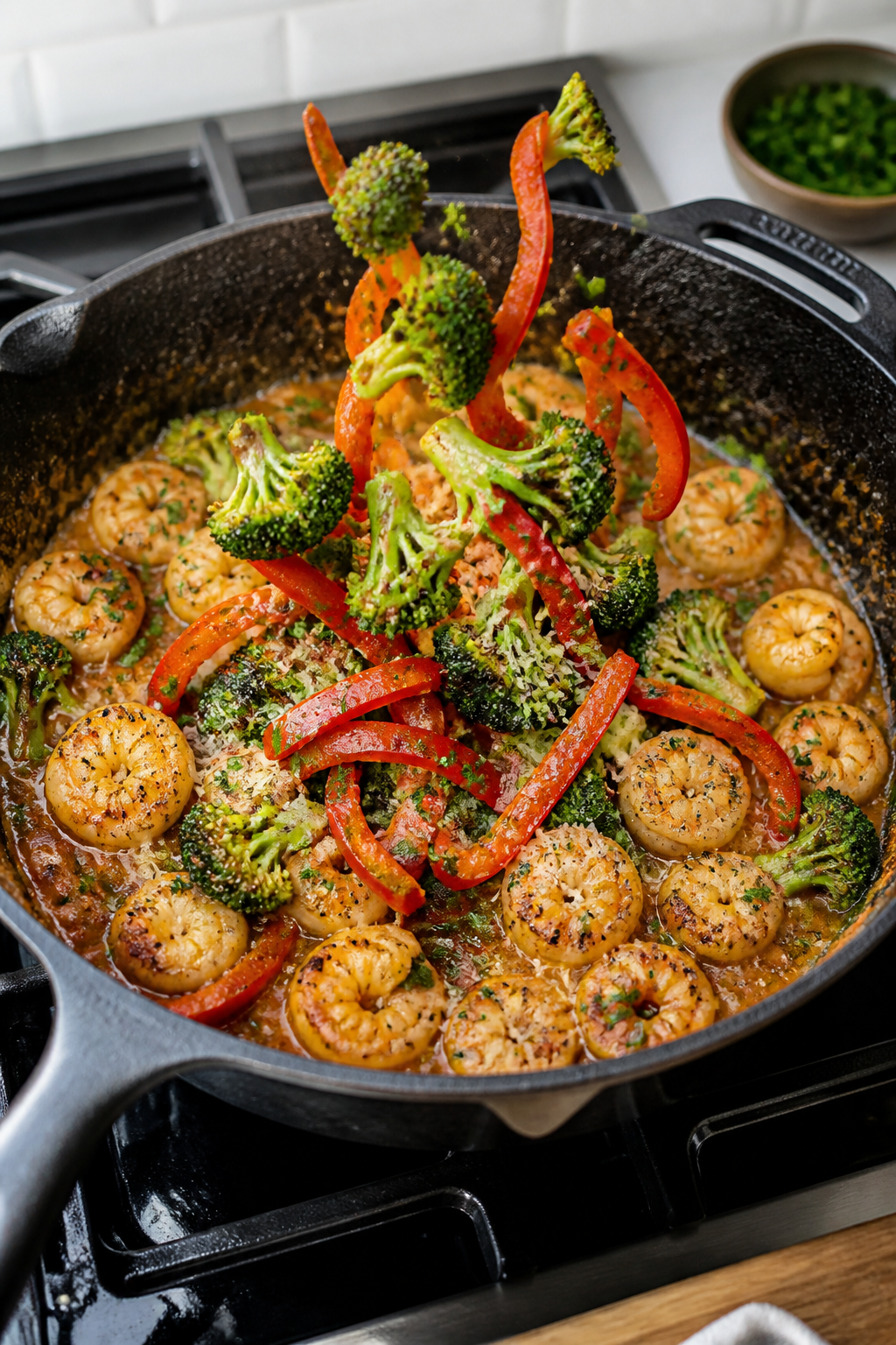 Cooking process: Sautéed broccoli florets and red bell pepper strips being tossed back into the ski