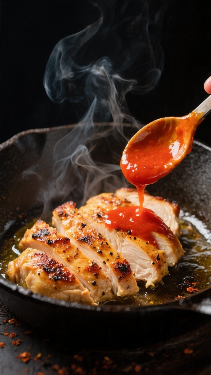 Cooking process – Searing buffalo chicken: Close-up of golden-browned, sliced chicken breasts sizz