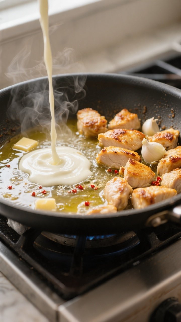 Cooking process – Searing chicken and building sauce: Close-up of golden-browned, bite-size chicke