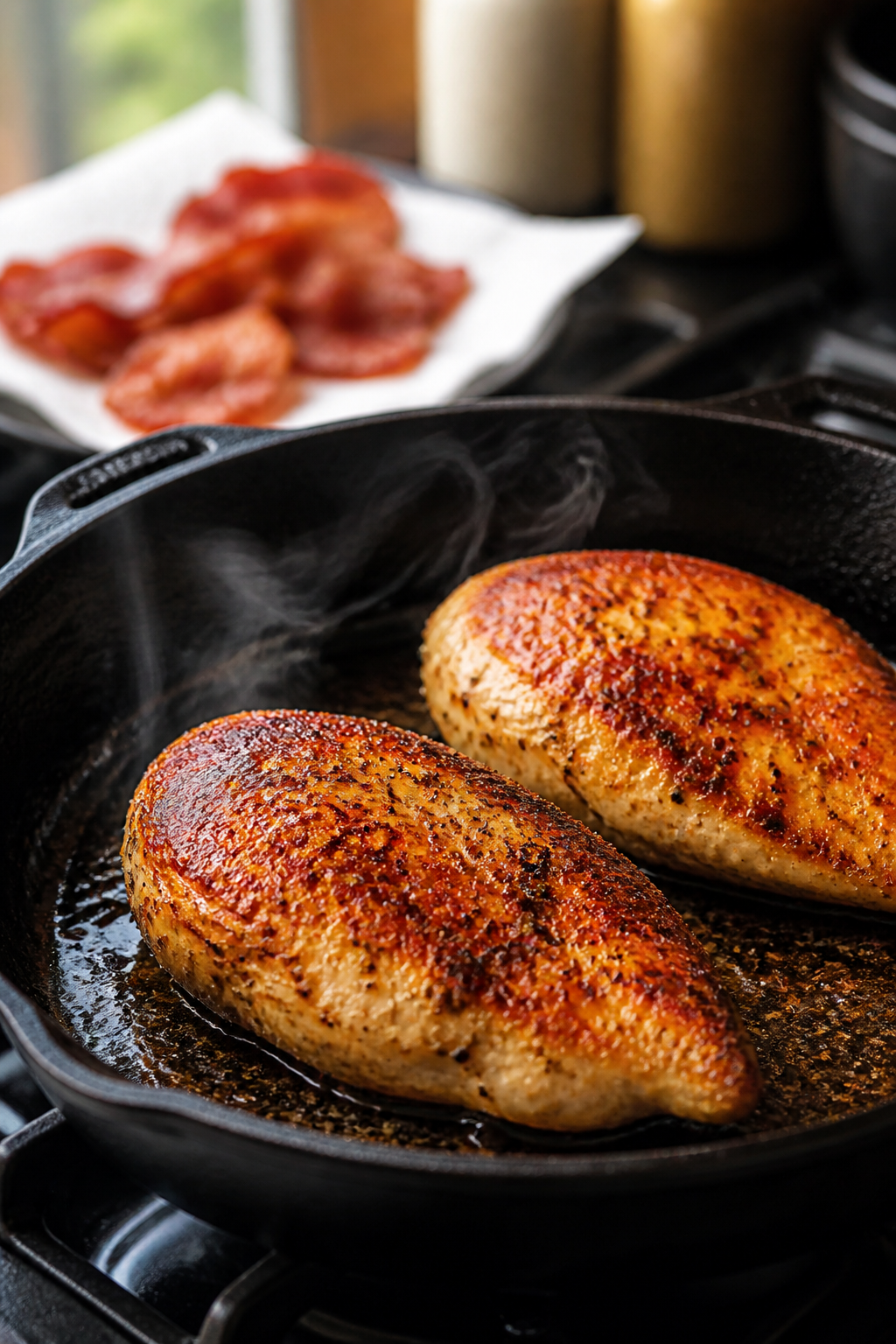 Cooking process — Searing chicken in bacon drippings: Close-up of golden-brown chicken breasts siz