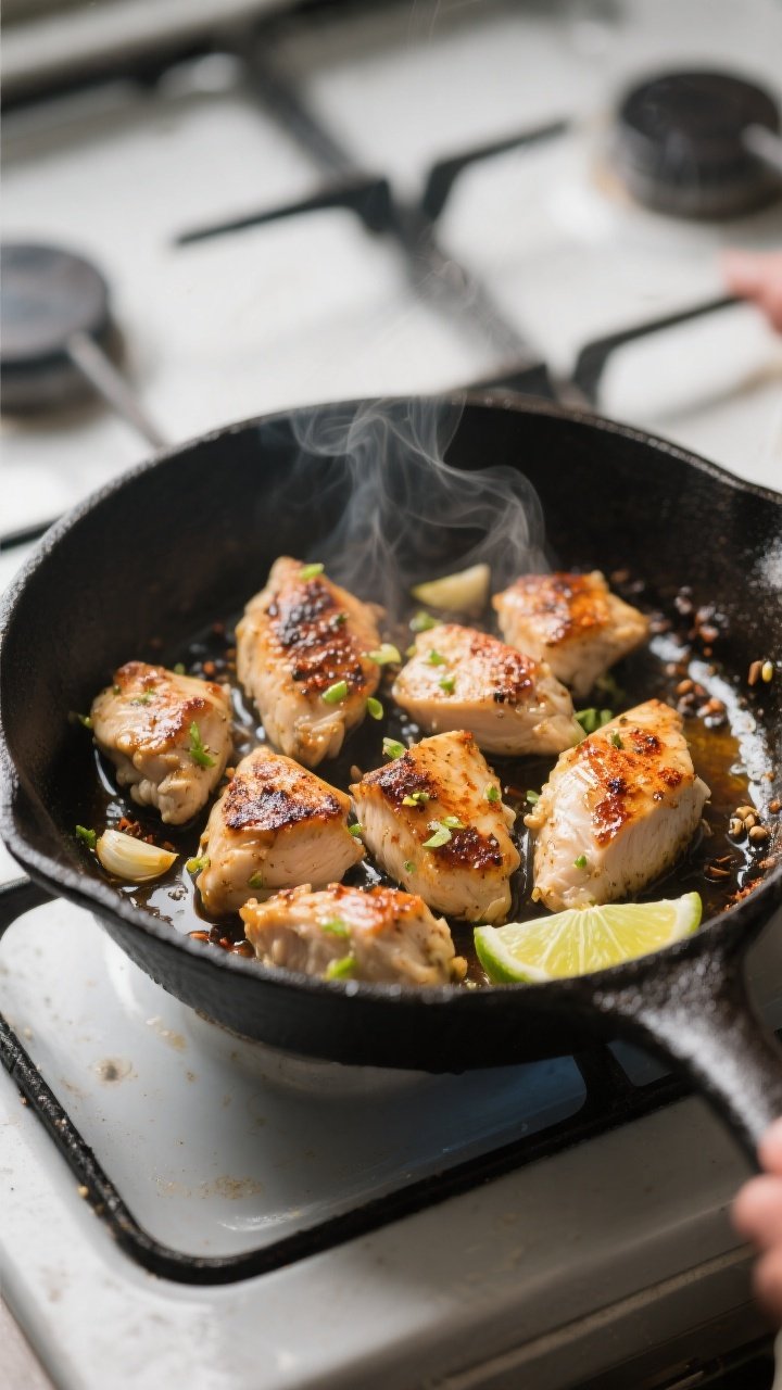 Cooking process — Searing garlic-lime chicken in a sizzling cast-iron skillet: bite-size marinated
