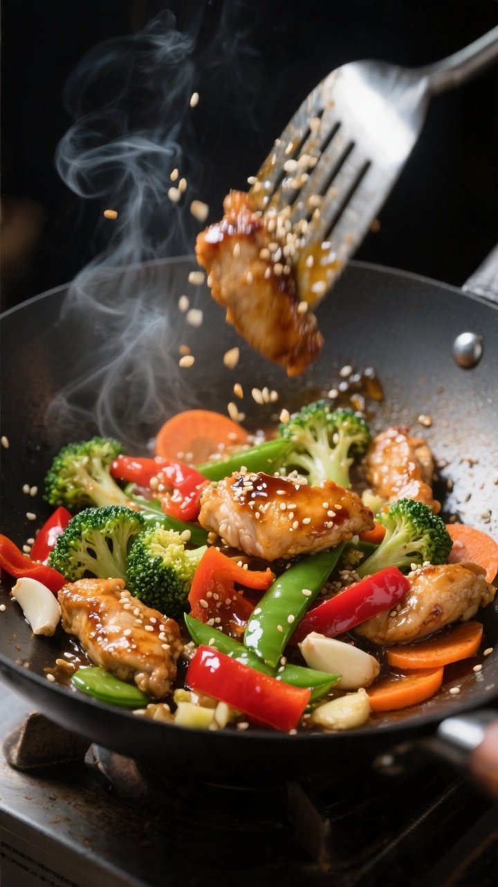Cooking process: Searing sesame chicken in a hot wok mid-stir fry, chicken pieces lightly caramelize