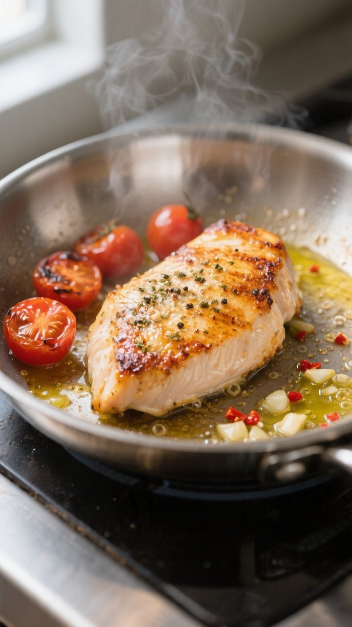 Cooking process — Searing stage: Close-up of golden-seared boneless chicken breasts in a heavy sta