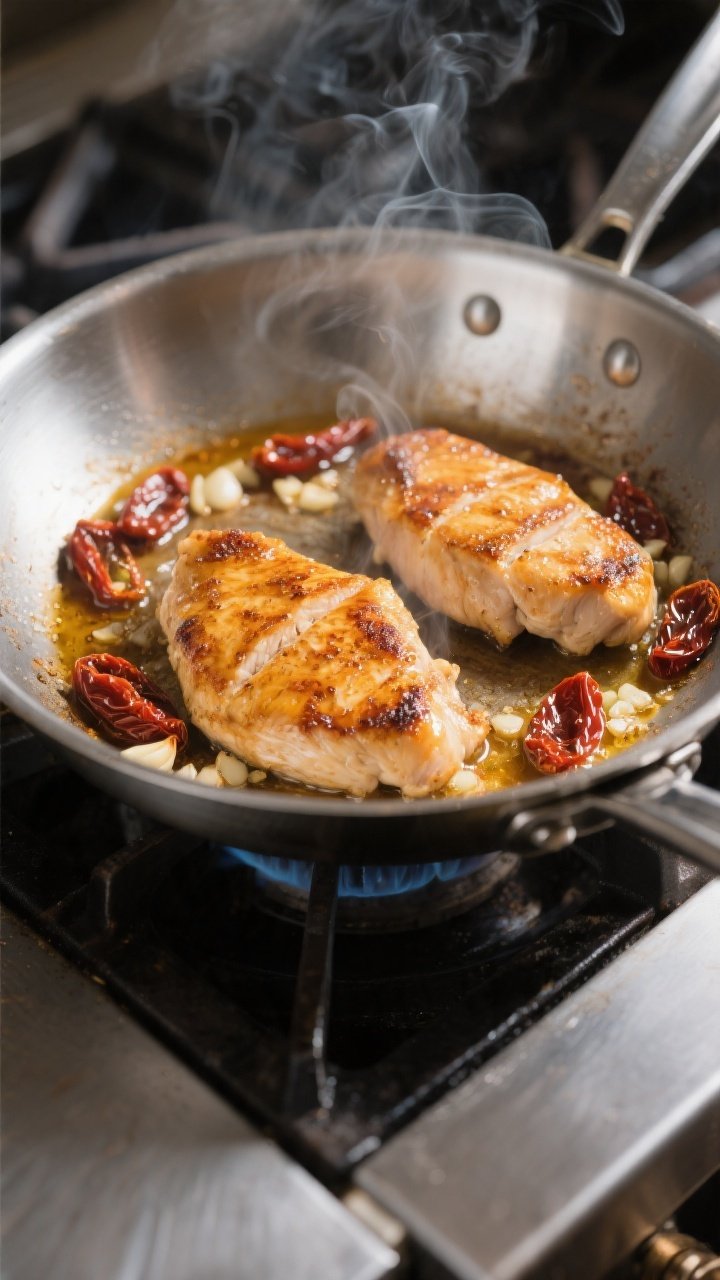 Cooking process – Searing stage: Golden-brown chicken cutlets sizzling in a large stainless-steel